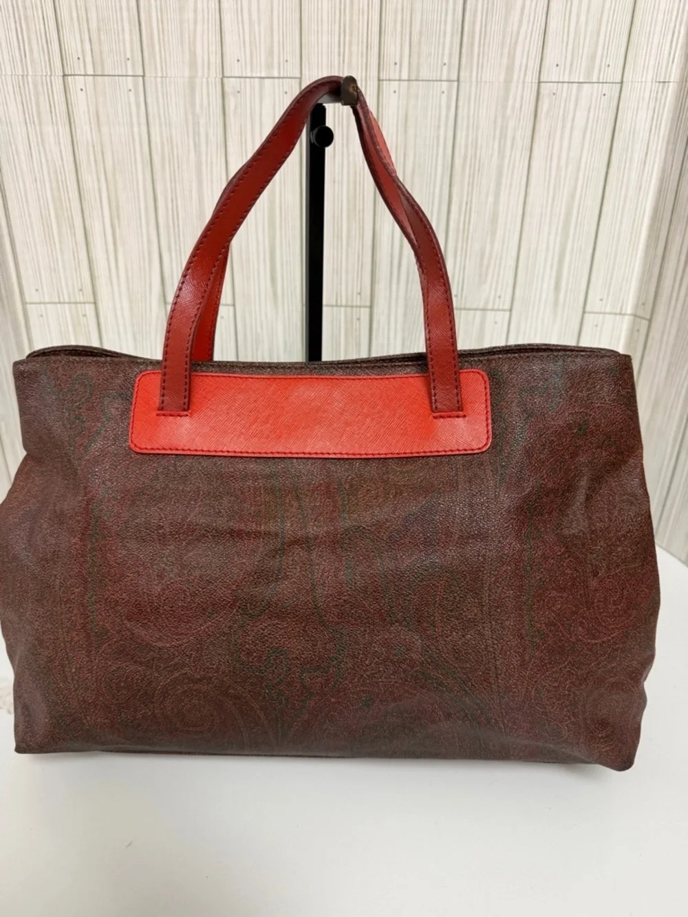 Etro Paisley Print Leather Tote Bag Red Orange Trim Shoulder Bag